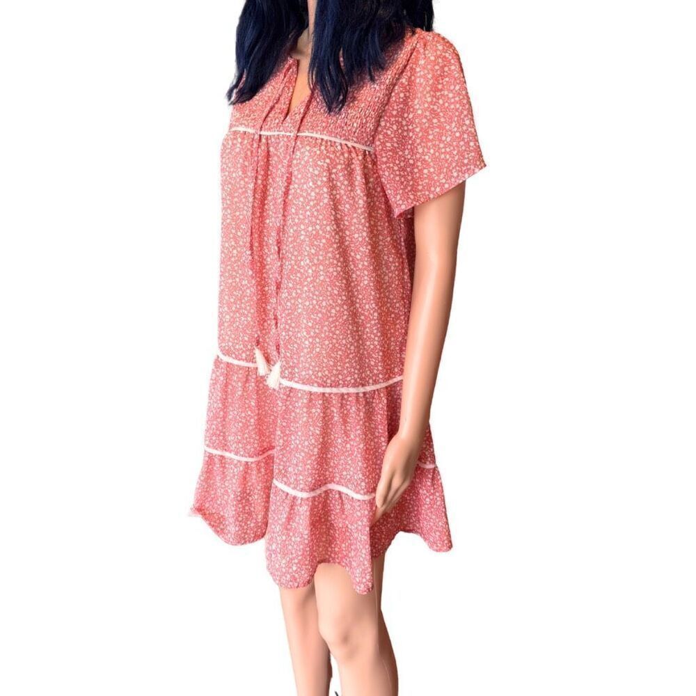 Promesa Boho Floral Mini Dress Small Pink Cottagecore Tiered Ruffle Tassel NWOT - Picture 4 of 6